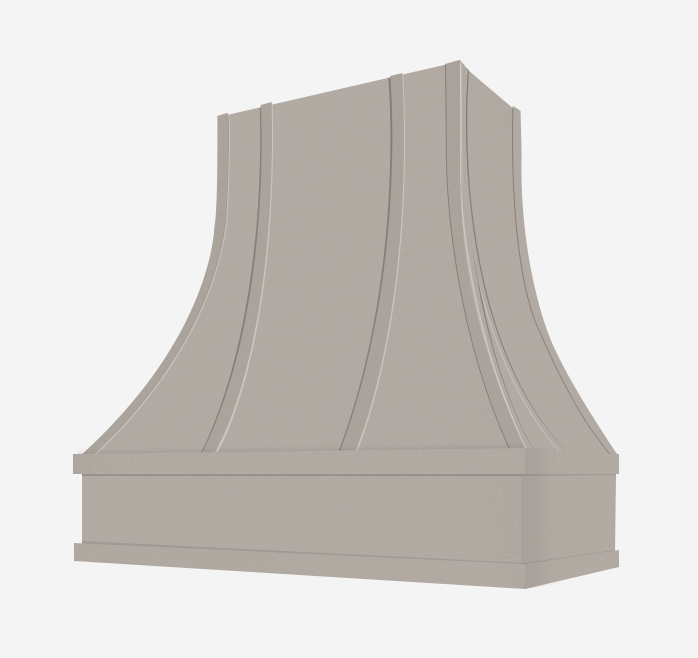 Curved wood range hood in light taupe paint