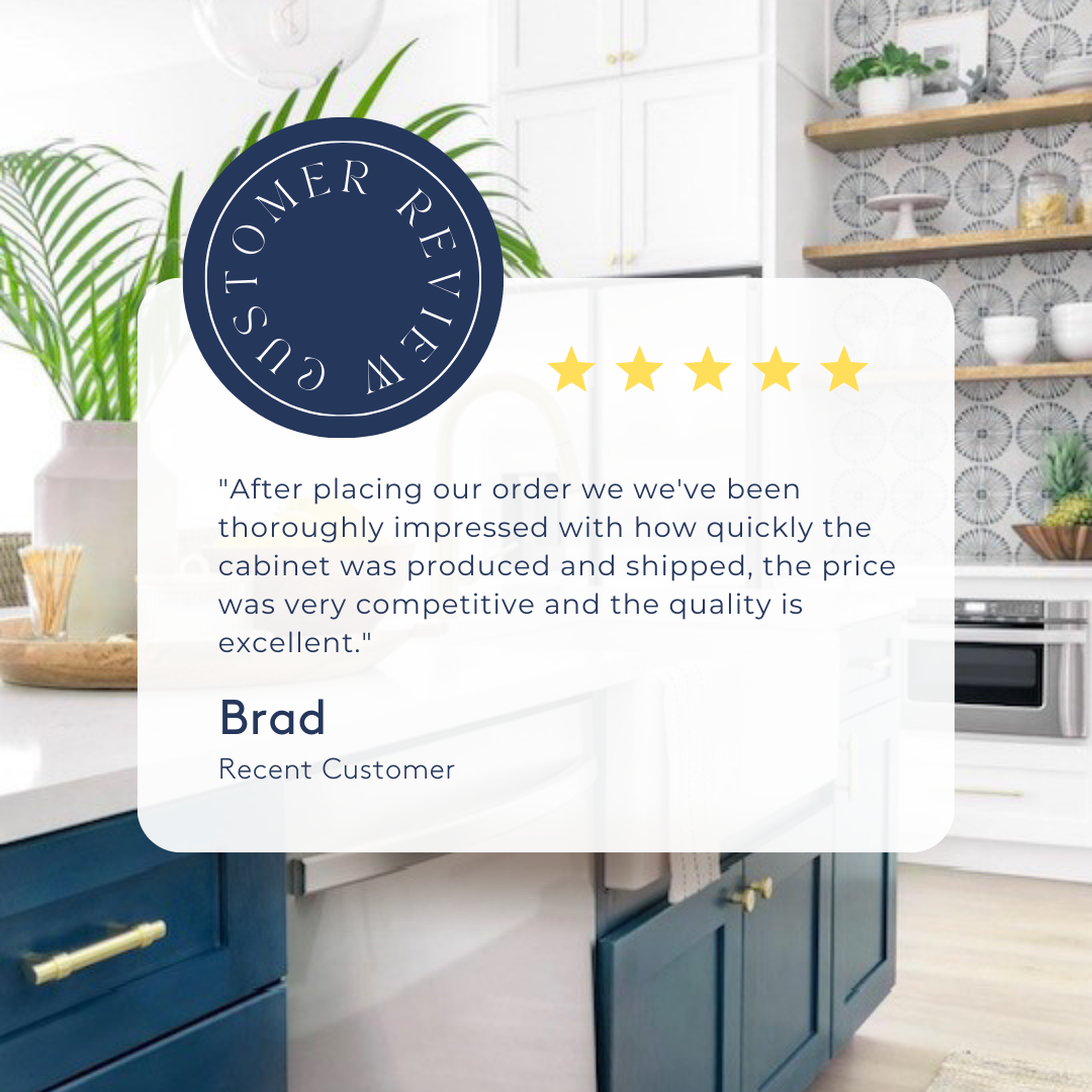 5-star CliqStudios customer review with a white and navy blue shaker kitchen in the background 5-star CliqStudios customer review with a white and navy blue shaker kitchen in the background