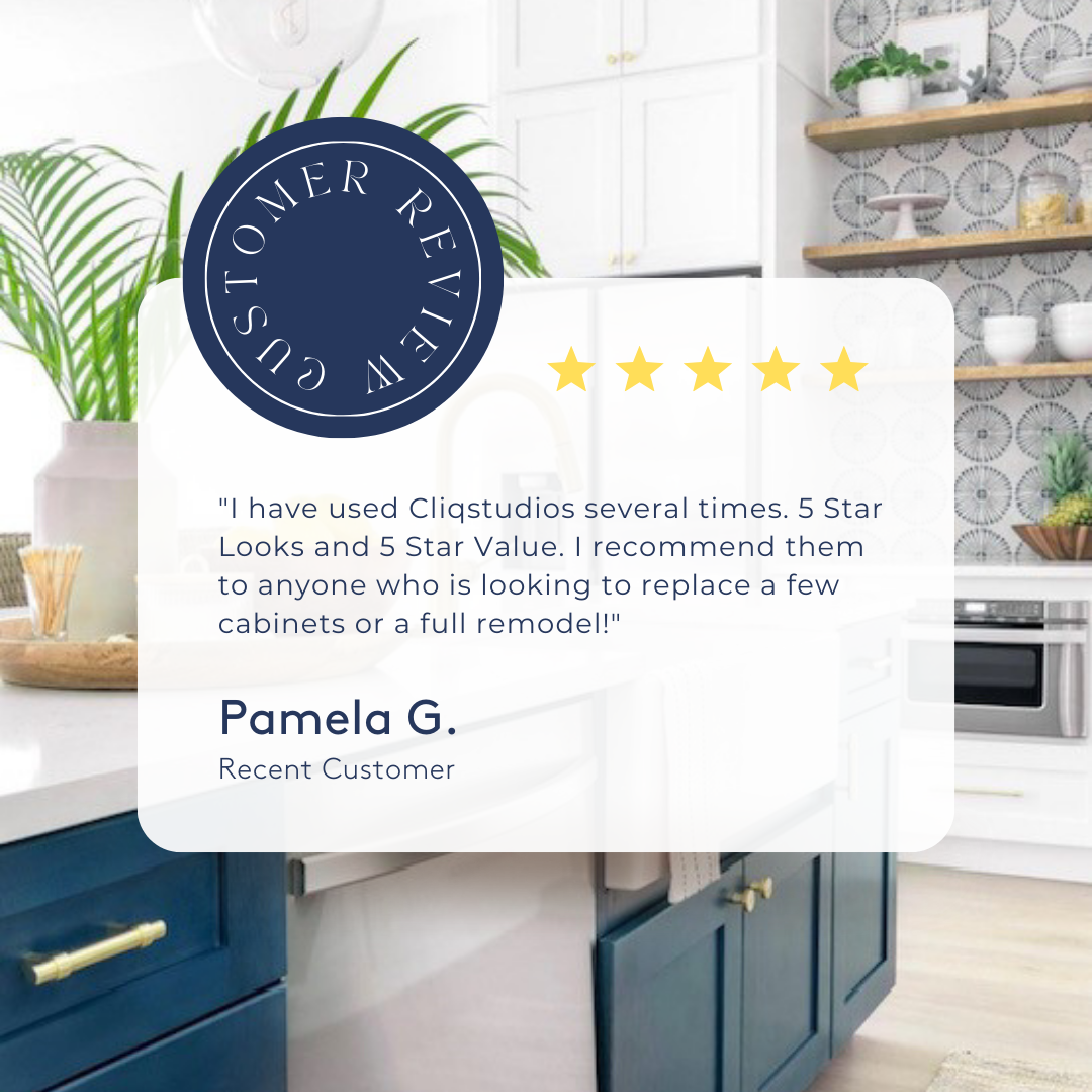 5-star CliqStudios customer review with a white and navy blue shaker kitchen in the background 5-star CliqStudios customer review with a white and navy blue shaker kitchen in the background