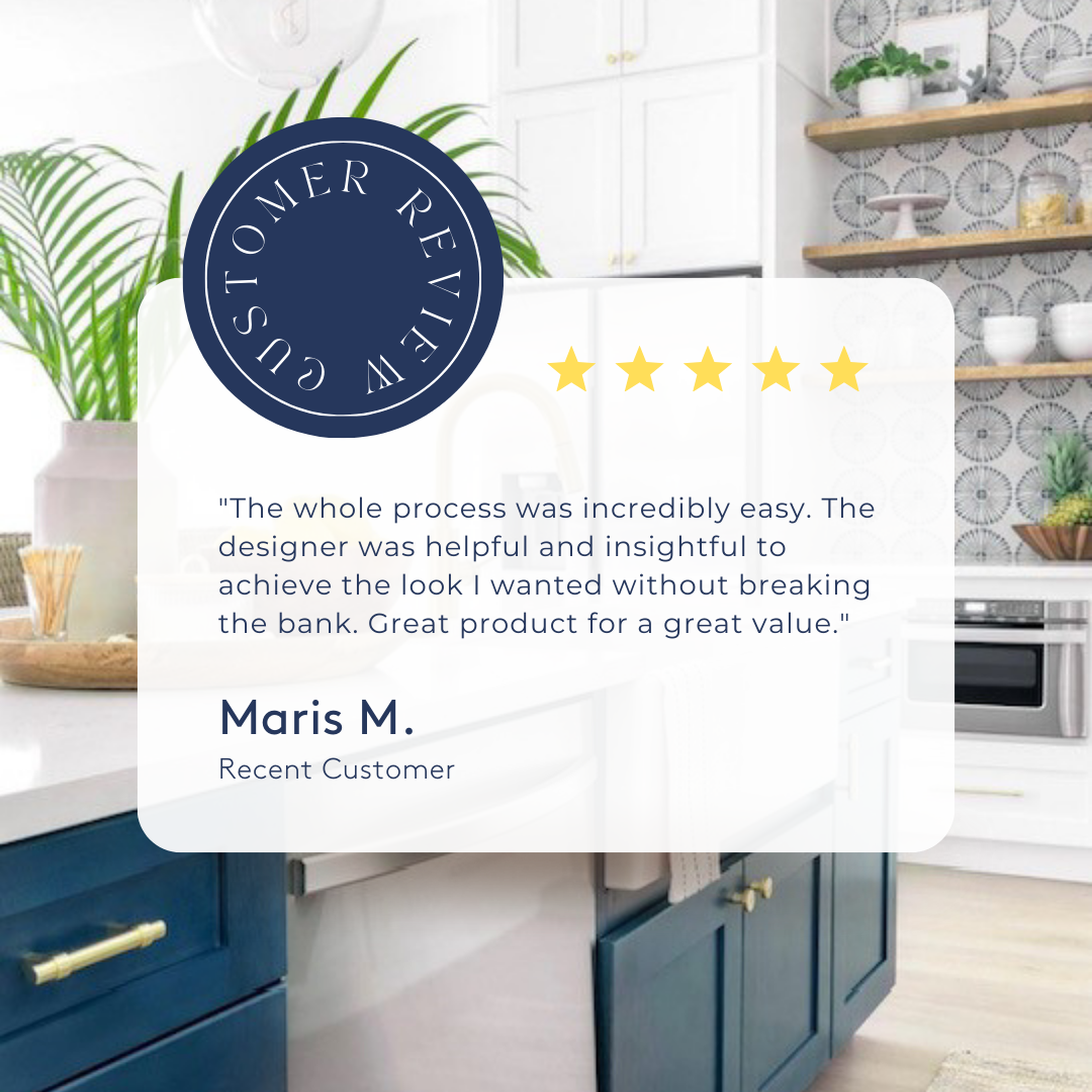 5-star CliqStudios customer review with a white and navy blue shaker kitchen in the background