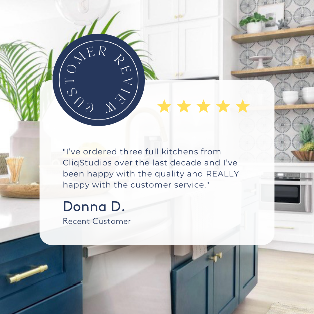 5-star CliqStudios customer review with a white and navy blue shaker kitchen in the background