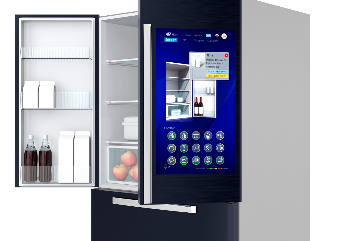 Black french door smart refrigerator with silver handles and touch pad Black french door smart refrigerator with silver handles and touch pad