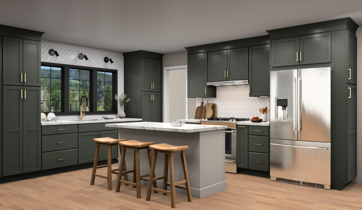 Large kitchen with green cabinets and white island with white subway tile, golde hardware, and modern black lighting accents Large kitchen with green cabinets and white island with white subway tile, golde hardware, and modern black lighting accents