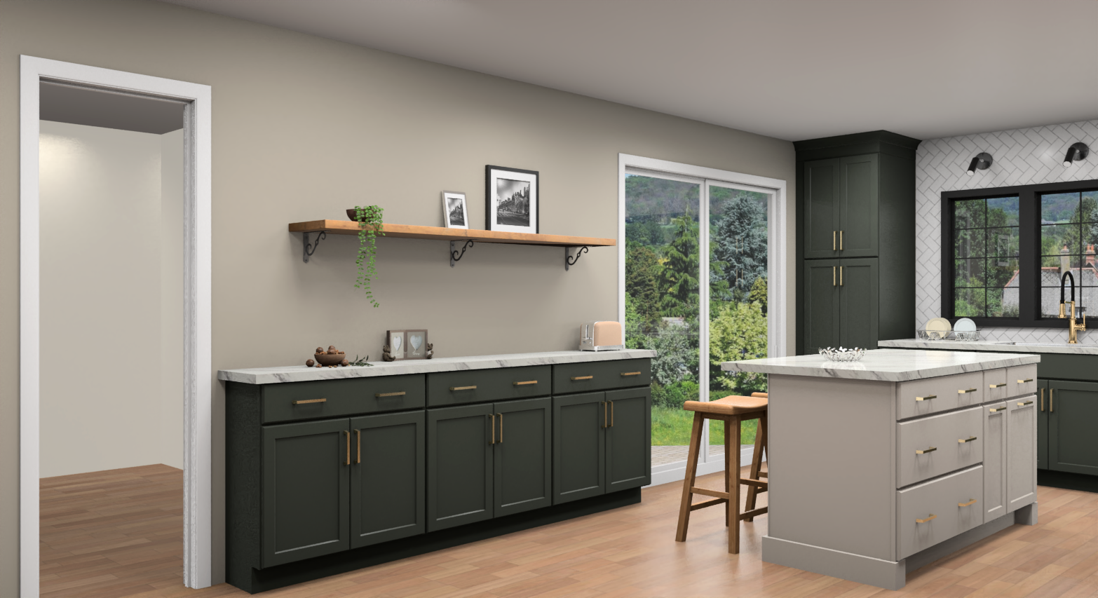 Large kitchen with green cabinets and white island with white subway tile, golde hardware, and modern black lighting accents