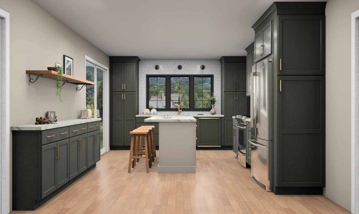 Large kitchen with green cabinets and white island with white subway tile, golde hardware, and modern black lighting accents Large kitchen with green cabinets and white island with white subway tile, golde hardware, and modern black lighting accents