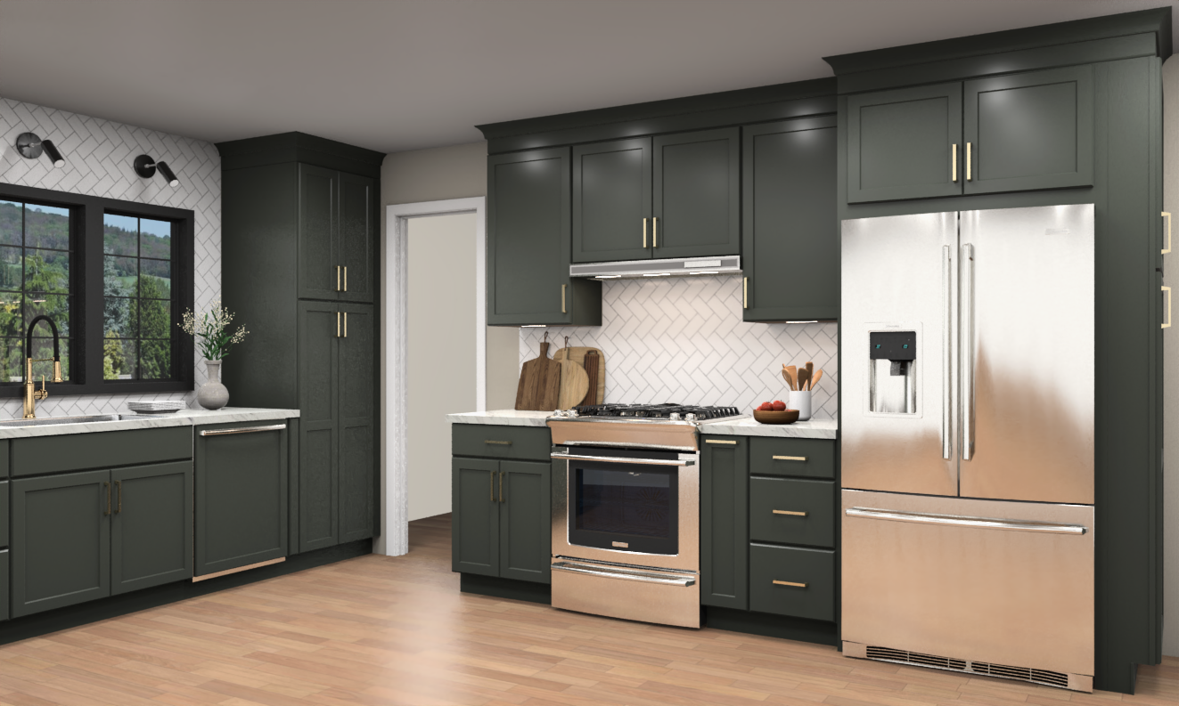 Large kitchen with green cabinets with white subway tile, golde hardware, and modern black lighting accents Large kitchen with green cabinets with white subway tile, golde hardware, and modern black lighting accents