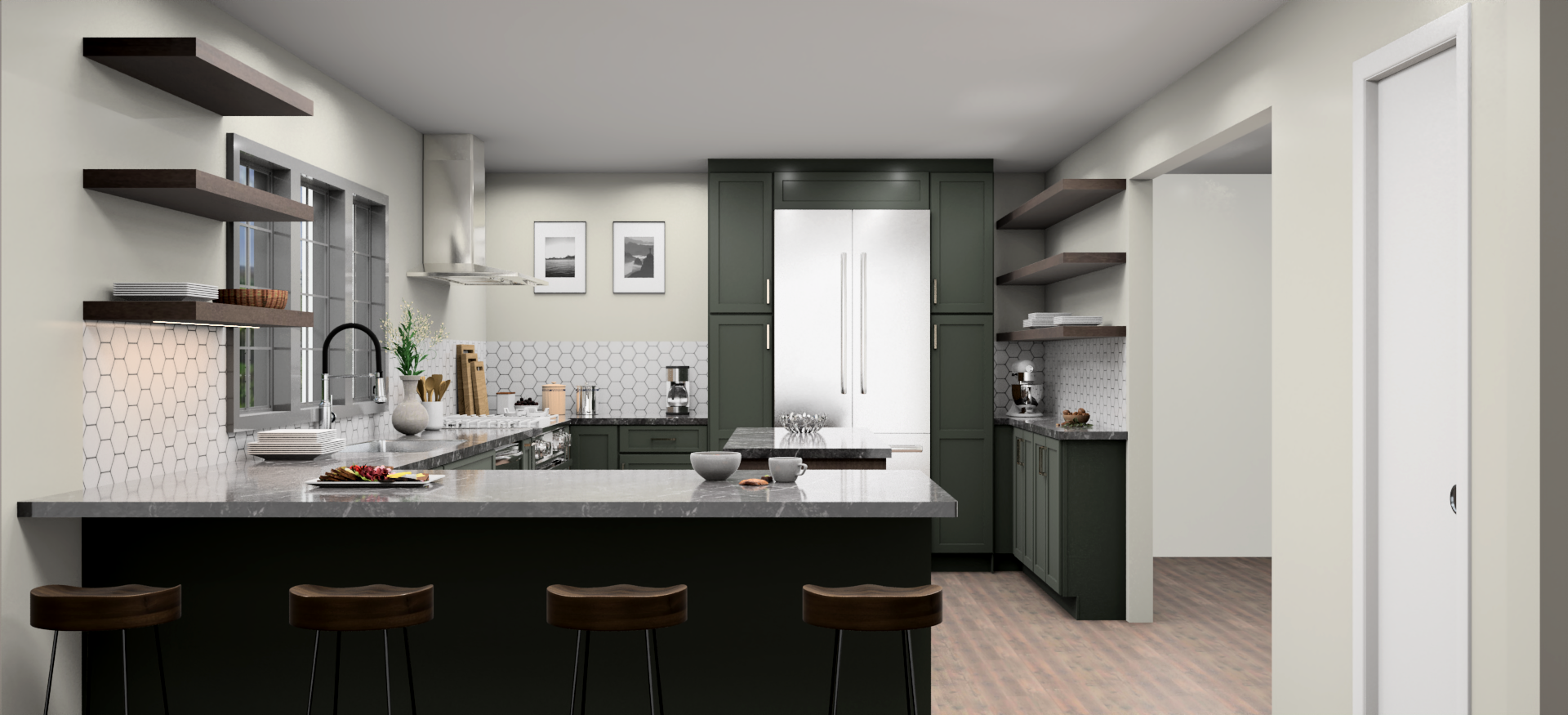 Open concept green kitchen cabinets with chocolate brown island and floating shelves with white hex backsplash and stainless appliances Open concept green kitchen cabinets with chocolate brown island and floating shelves with white hex backsplash and stainless appliances