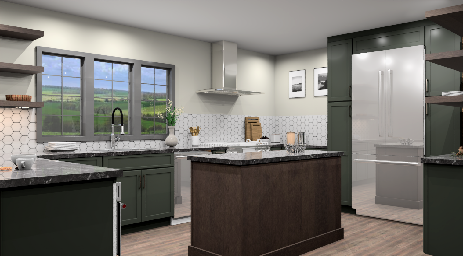 Open concept green kitchen cabinets with chocolate brown island and floating shelves with white hex backsplash and stainless appliances Open concept green kitchen cabinets with chocolate brown island and floating shelves with white hex backsplash and stainless appliances