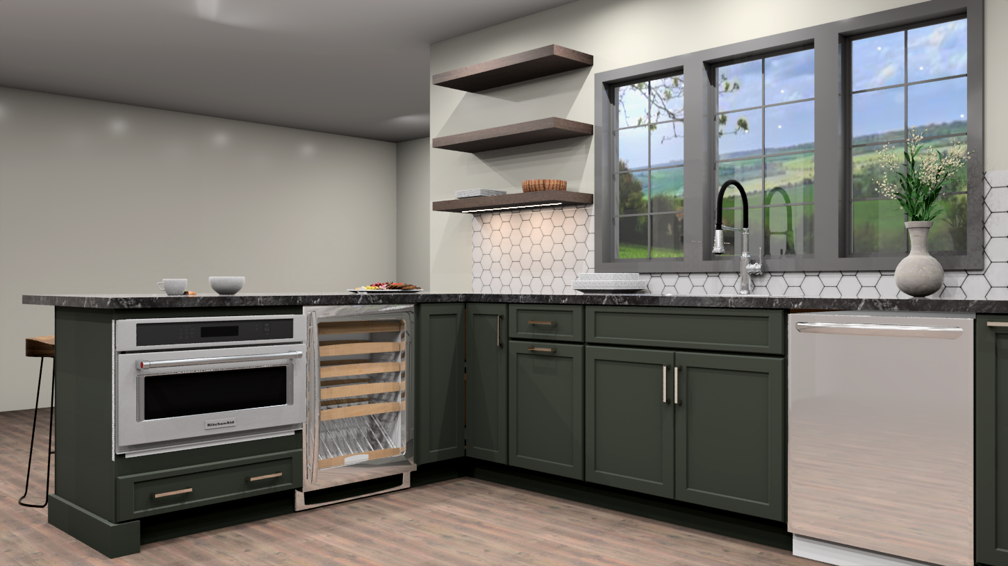 Open concept green kitchen cabinets with chocolate brown island and floating shelves with white hex backsplash and stainless appliances Open concept green kitchen cabinets with chocolate brown island and floating shelves with white hex backsplash and stainless appliances