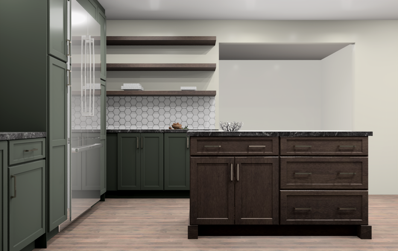 Open concept green kitchen cabinets with chocolate brown island and floating shelves with white hex backsplash and stainless appliances Open concept green kitchen cabinets with chocolate brown island and floating shelves with white hex backsplash and stainless appliances