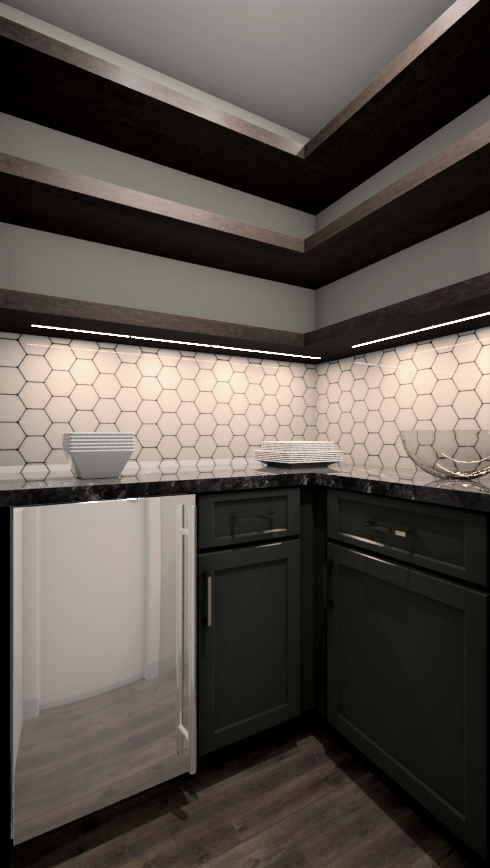 Open concept green kitchen cabinets with chocolate brown island and floating shelves with white hex backsplash and stainless appliances Open concept green kitchen cabinets with chocolate brown island and floating shelves with white hex backsplash and stainless appliances