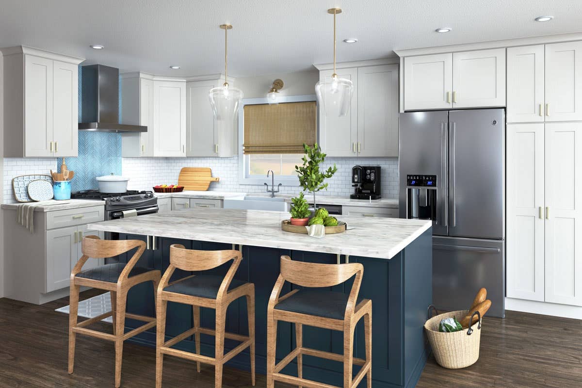 Lily white kitchen with Indigo painted island