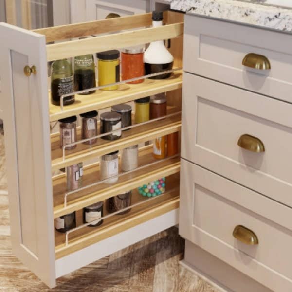 Pull-out spice cabinet Pull-out spice cabinet in taupe shaker base cabinets