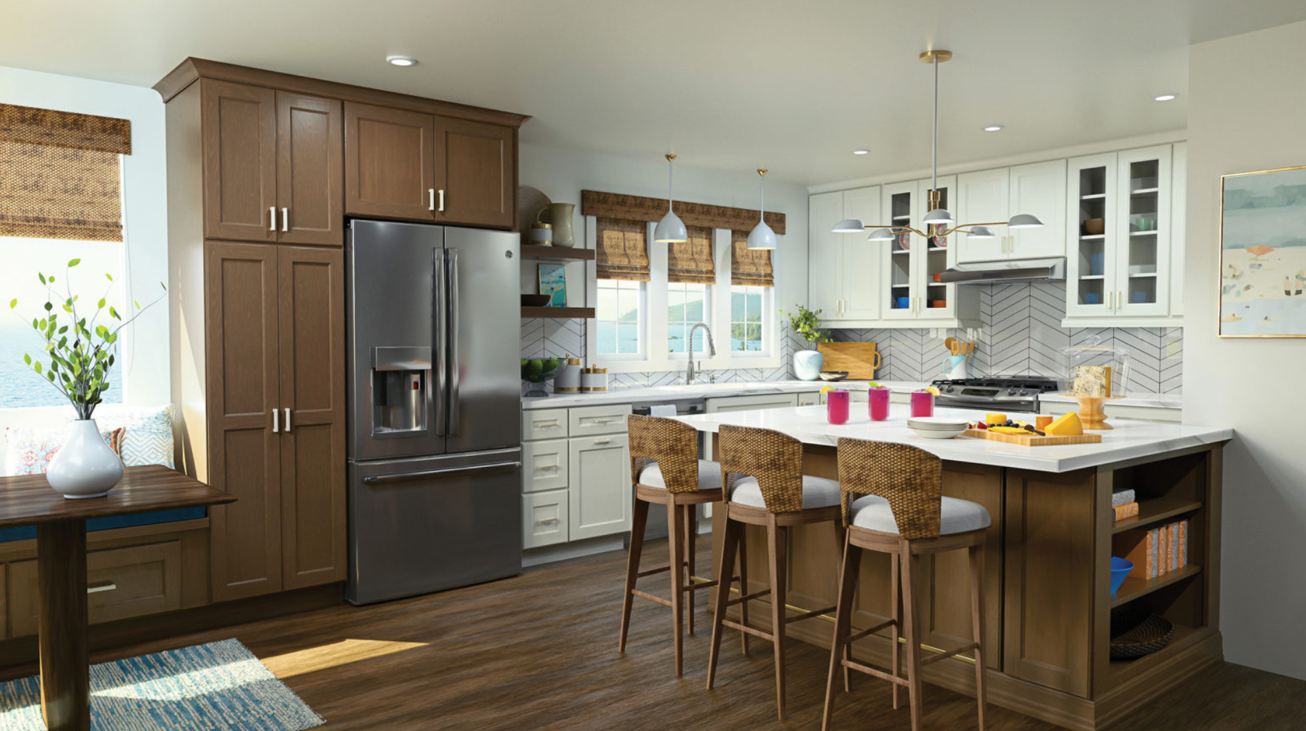 L-shaped white shaker kitchen with medium brown stained island with seating and pantry area