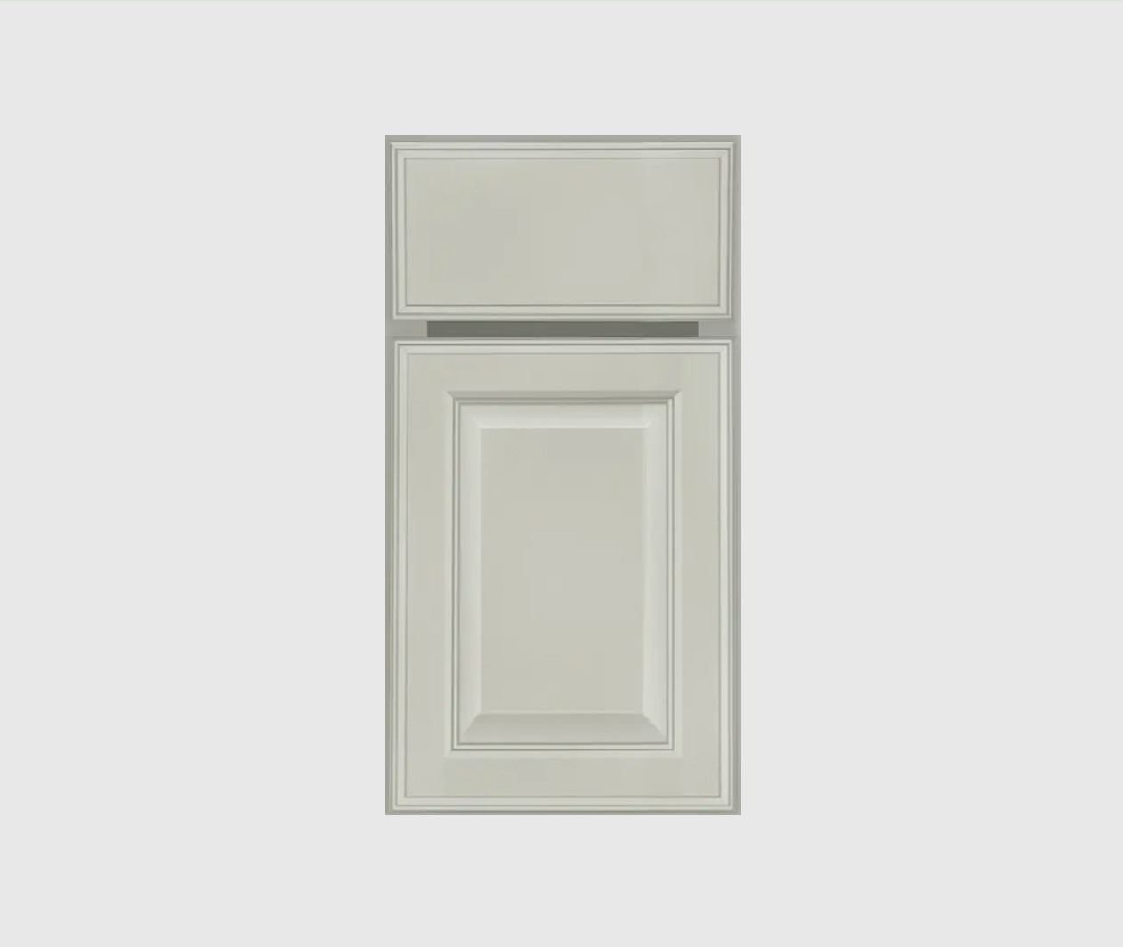 Decorative raised panel door style in light gray opaque stain