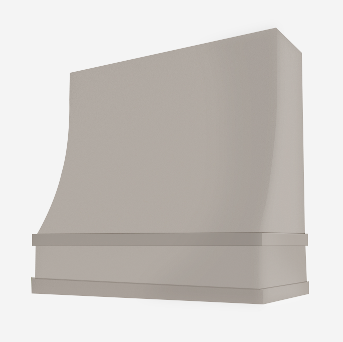 Sloped wood range hood in taupe paint