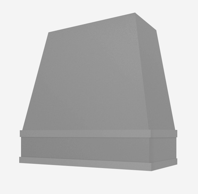 Tapered wood range hood in medium gray paint