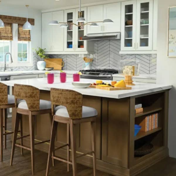 Two-tone kitchen with base open shelfing Two-tone kitchen with base open shelfing for cookbooks and decor