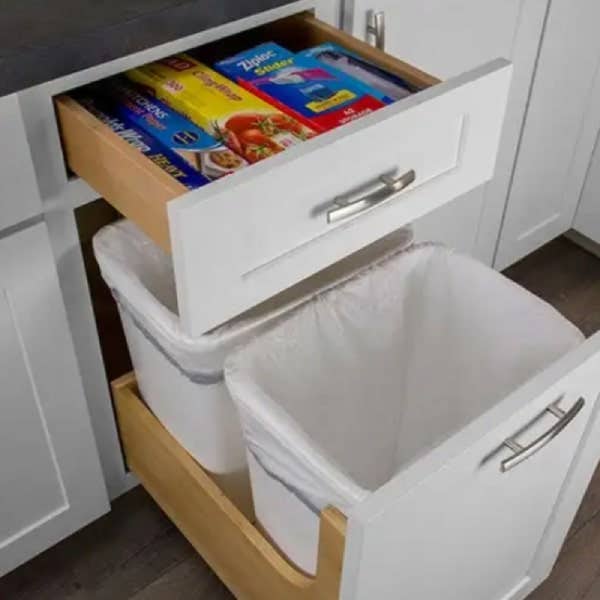 Pull-out waste basket cabinet White shaker base cabinet with pull-out waste basket