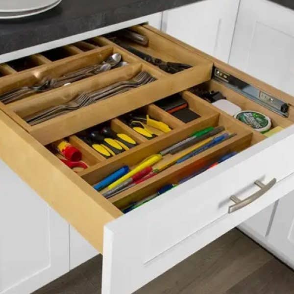 Two-tiered cutlery divider cabinet White shaker base cabinet with tiered cutlery divider