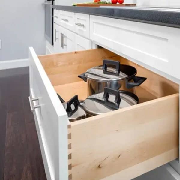 Deep drawer base cabinet for pots and pans White shaker base cabinets with deep drawer storage