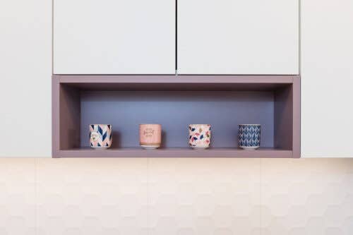 White slab kitchen cabinets with medium wood open cabinet storage White slab kitchen cabinets with medium wood open cabinet storage