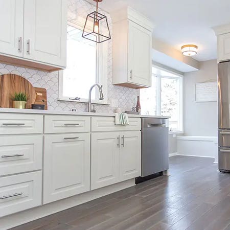 CliqStudios Decorative kitchen in White showing the work triangle of the sink, refrigerator, and cooktop