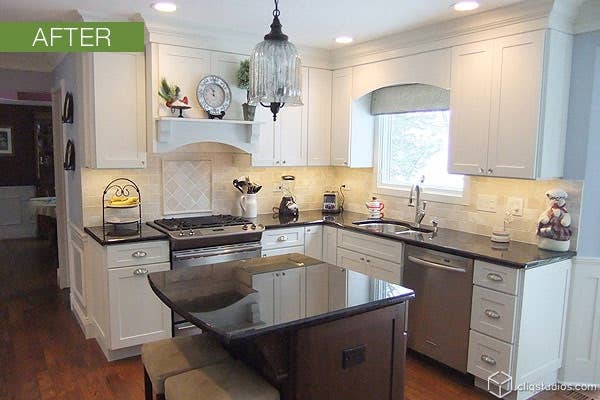 Shaker Painted White and medium wood stain Kitchen Cabinets Remodel