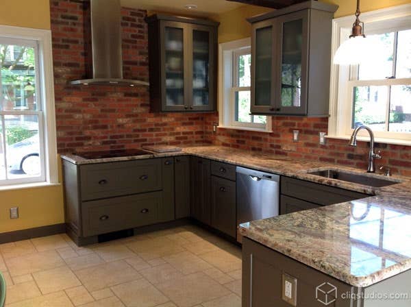 Shaker Kitchen Cabinets in Green sink area