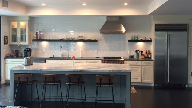 contemporary kitchen with white shaker base cabinets, open shelves and glass-door cabinet on wall, and furniture-look center island contemporary kitchen with white shaker base cabinets, open shelves and glass-door cabinet on wall, and furniture-look center island