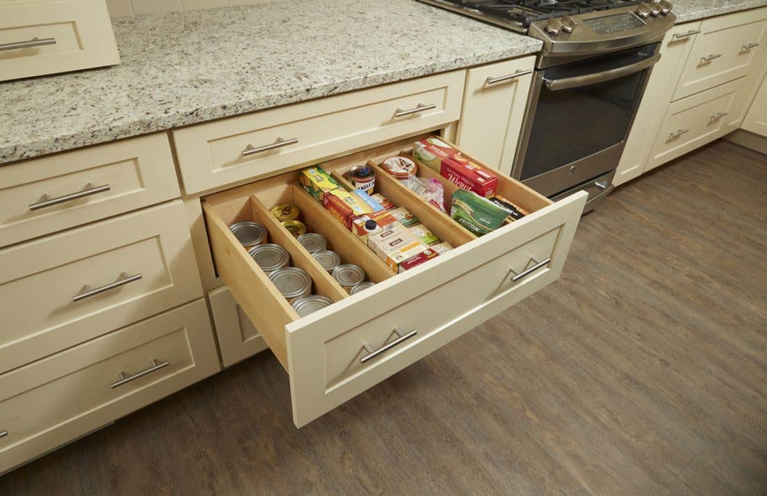 Cream shaker kitchen cabinet drawers with interior organizers