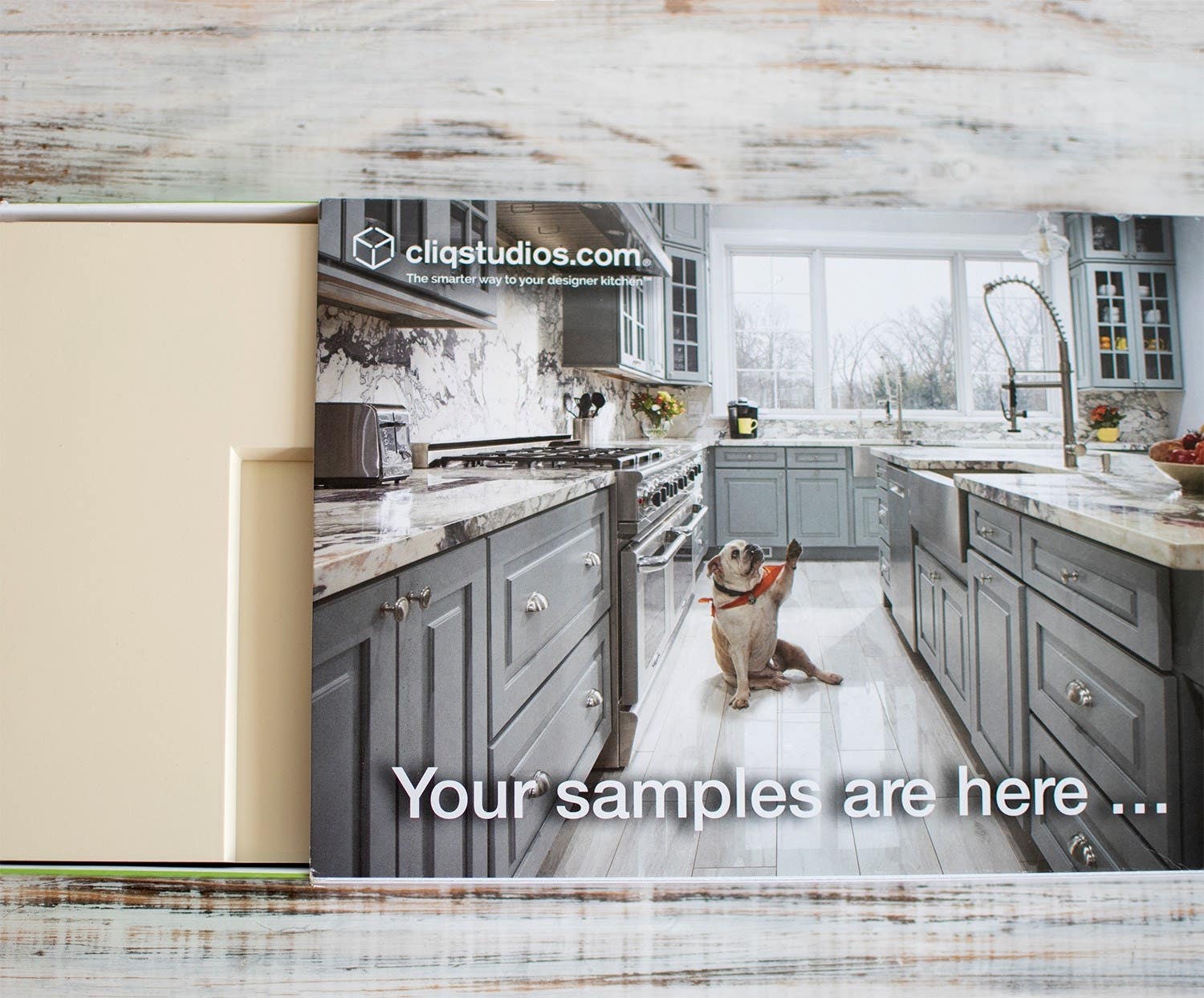 CliqStudios cabinet sample box features blue gray kitchen CliqStudios cabinet sample box features blue gray kitchen