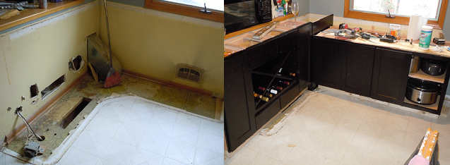 before and after construction images of corner with ductwork and cabinet installation