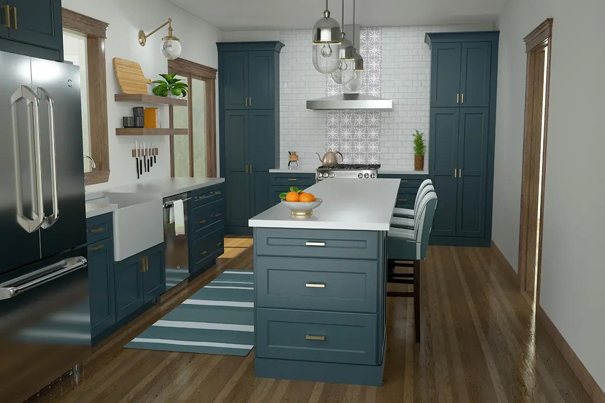 Indigo blue farmhouse style kitchen design in shaker cabinets and white quartz countertops