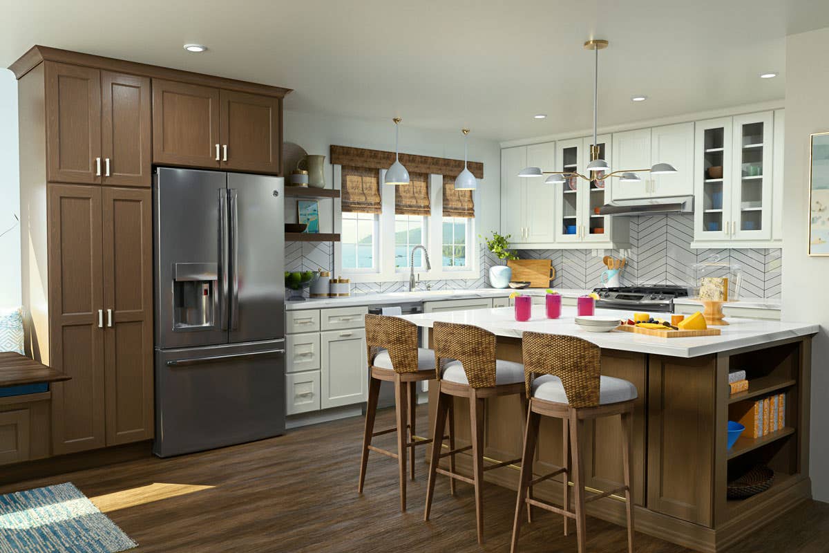 Two-tone kitchen with painted white surround and chocolate brown stained island and pantry section