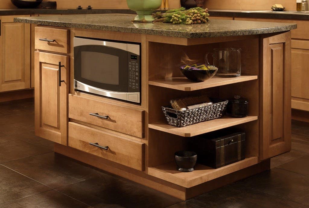 Island under counter microwave shelf with maple kitchen cabinets Island under counter microwave shelf with maple kitchen cabinets