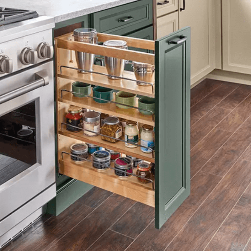 CliqStudios Pull-Out Cabinet Storage CliqStudios Pull-Out Cabinet Storage for spices with three adjustable wood shelves and chrome rails.