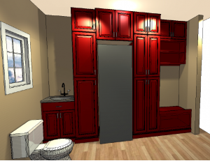 computer generated image of red cabinets in bathroom