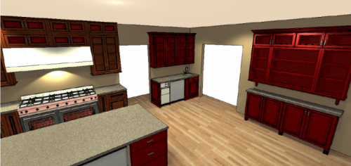 computer generated image of kitchen with red cabinets and center island