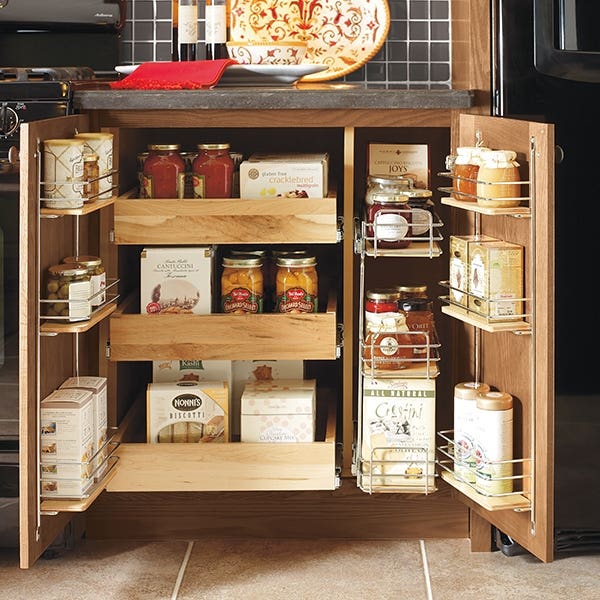 Base pantry kitchen cabinet with roll-out trays and door racks