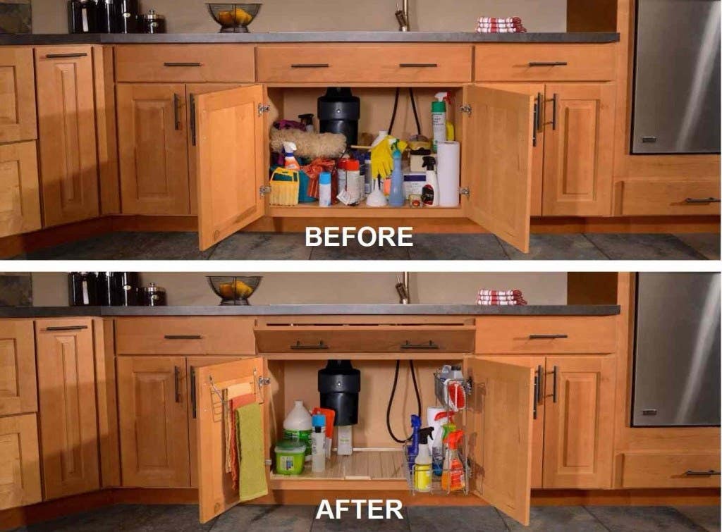sink base cabinet with doors open in before image has piles of clutter in after image is well organized neat and clean sink base cabinet with doors open in before image has piles of clutter in after image is well organized neat and clean