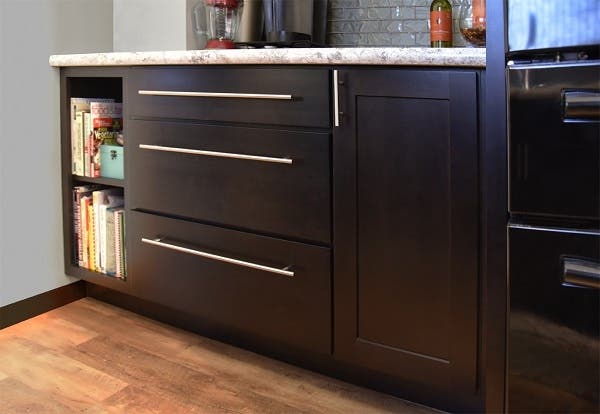built-in beverage station has 36-inch wide drawer base, open shelves for cookbooks, glass tile backsplash and extra height over the counter for access to coffee maker built-in beverage station has 36-inch wide drawer base, open shelves for cookbooks, glass tile backsplash and extra height over the counter for access to coffee maker