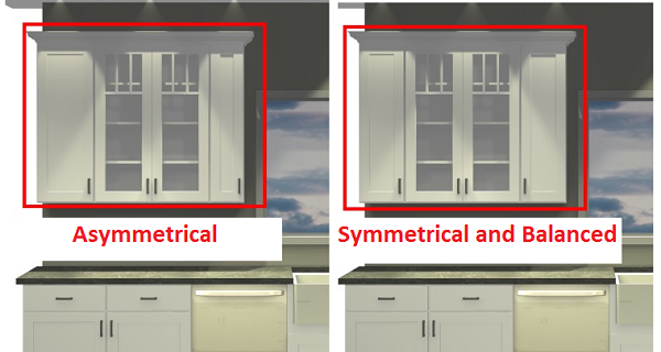 side by side renderings of a kitchen wall, one with awkward-width cabinets, the other balanced and symmetrical side by side renderings of a kitchen wall, one with awkward-width cabinets, the other balanced and symmetrical