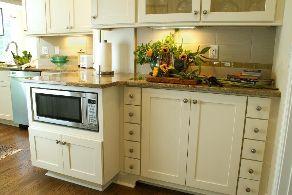 Under counter microwave shelf kitchen cabinet with white shaker kitchen cabinet surround